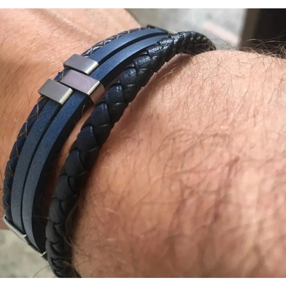 NEW Unisex Men's Black Leather Stainless Magnetic Closure Bracelet‎ 8.25”
